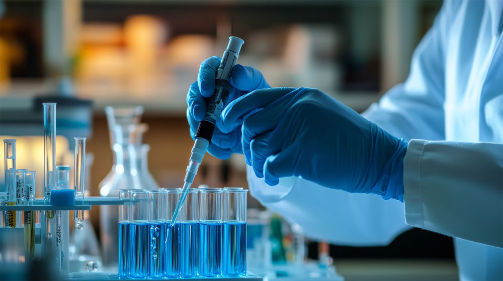close up of a lab worker testing water